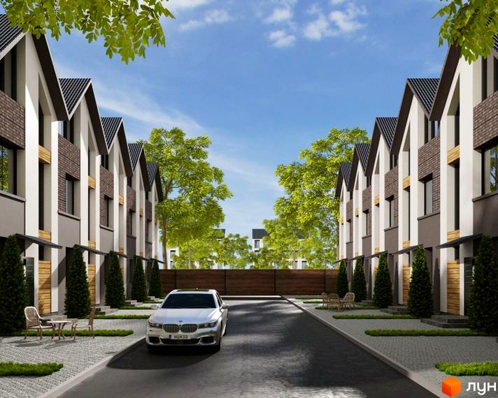 Таунхауси «Гармонія-6» – це сучасний житловий комплекс з акуратними фасадами та доглянутою прибудинковою територією. На зображенні видно ряд таунхаусів з цегляними та білими елементами, а також зелену зону та парковку.