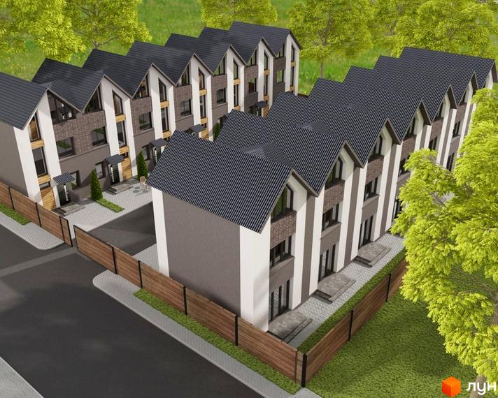 Зображення таунхаусів «Гармонія-6» з сірими дахами та біло-коричневими фасадами. Навколо будинків розташована прибудинкова територія з зеленими насадженнями та дерев'яним парканом.