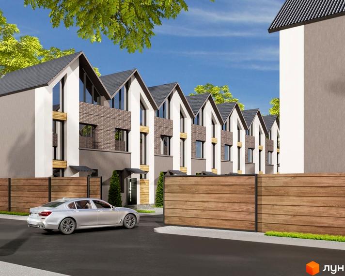 Зовнішній вигляд таунхаусів «Гармонія-6» з цегляними вставками та дерев'яними елементами. Перед будинками розташована прибудинкова територія з парканом та автомобілем.