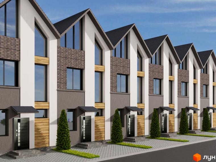 Таунхауси «Гармонія-6» – це сучасна житлова забудова з елегантними фасадами та акуратними зеленими зонами. На зображенні видно ряди двоповерхових будинків з великими вікнами та індивідуальними входами.