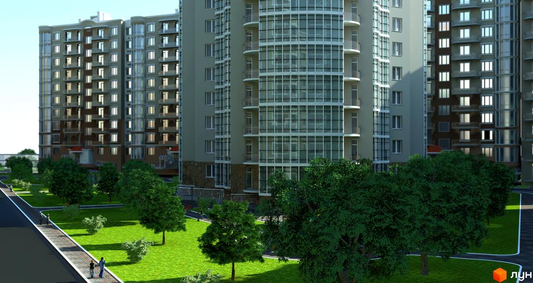 Зображення фасаду та прибудинкової території Житлового комплексу Теплий дім. На фото багатоповерхівка з великою кількістю вікон та зелений газон з деревами.