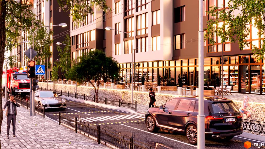 Житловий комплекс Central Park з фасадом у світлих тонах, з вікнами від підлоги до стелі. На вулиці розташовані ресторани та пішохідний перехід.