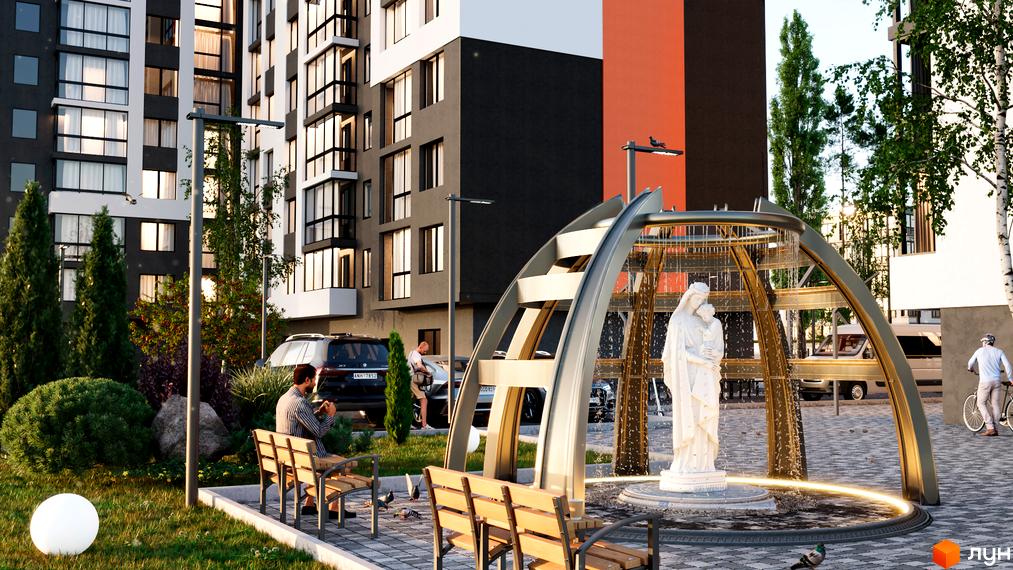Житловий комплекс Central Park. Висотна будівля з темним фасадом, поруч фонтан зі скульптурою та лавки для відпочинку.