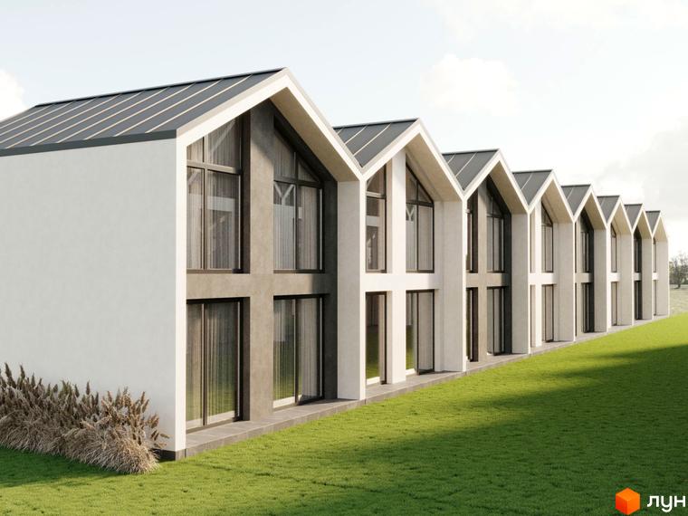 Таунхауси Sanville Park з білими фасадами та темними дахами, розташовані на зеленій галявині з декоративними травами.