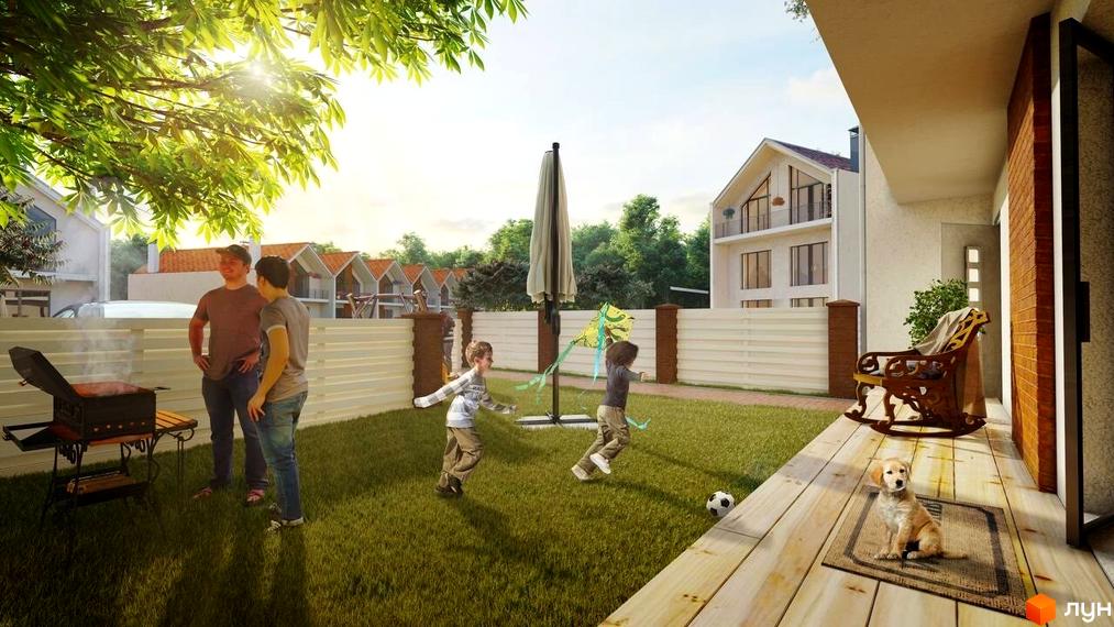 Таунхауси Sanville Park: двоповерхові будинки з великими вікнами та зеленою прибудинковою територією, де діти граються з повітряним змієм.