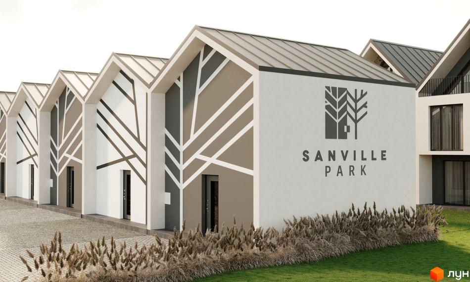 Таунхауси Sanville Park з унікальним фасадом та травою на території. Зовнішній вигляд будинків та прибудинкової території.