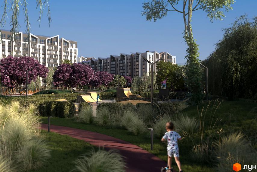 Житловий комплекс Edem Перлина Проскурова-4 з багатоповерховими будинками та зоною для відпочинку з дитячим майданчиком та скейт-парком.