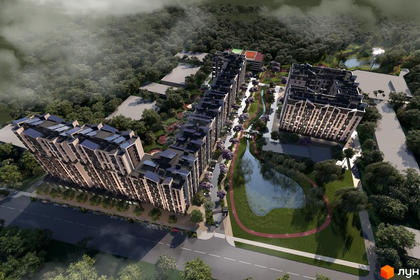 Житловий комплекс Edem Перлина Проскурова-4 з багатоповерховими будинками та прибудинковою територією з озером та зонами відпочинку.