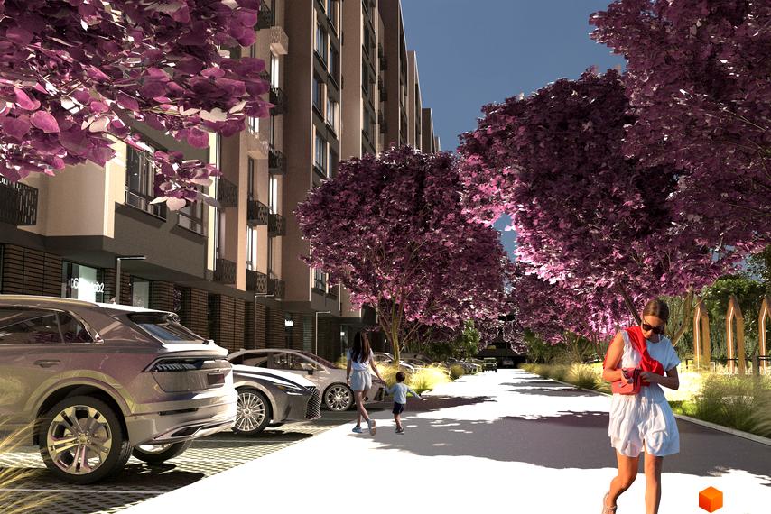 Житловий комплекс Edem Перлина Проскурова-4. Сучасна архітектура будівель та зелена прибудинкова територія з деревами та місцями для відпочинку.