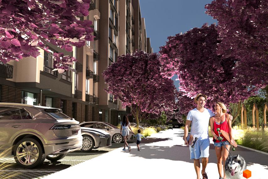 Житловий комплекс Edem Перлина Проскурова-4 з фіолетовими деревами та людьми, що гуляють з собакою. Сучасна архітектура новобудови.