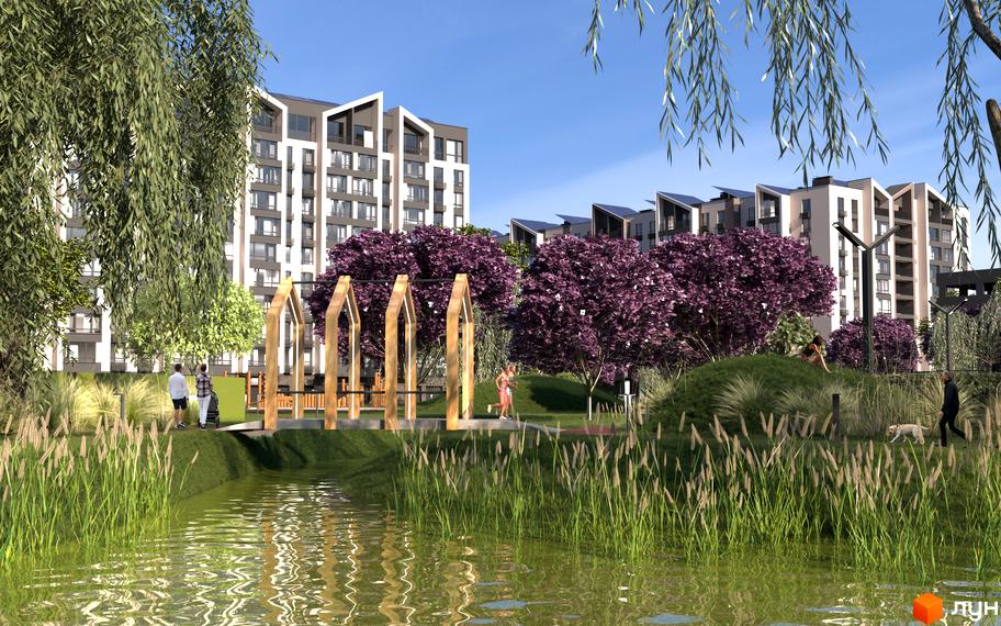 Житловий комплекс Edem Перлина Проскурова-4 з парковою зоною та водоймою. Сучасна архітектура будинків та зелена прибудинкова територія.