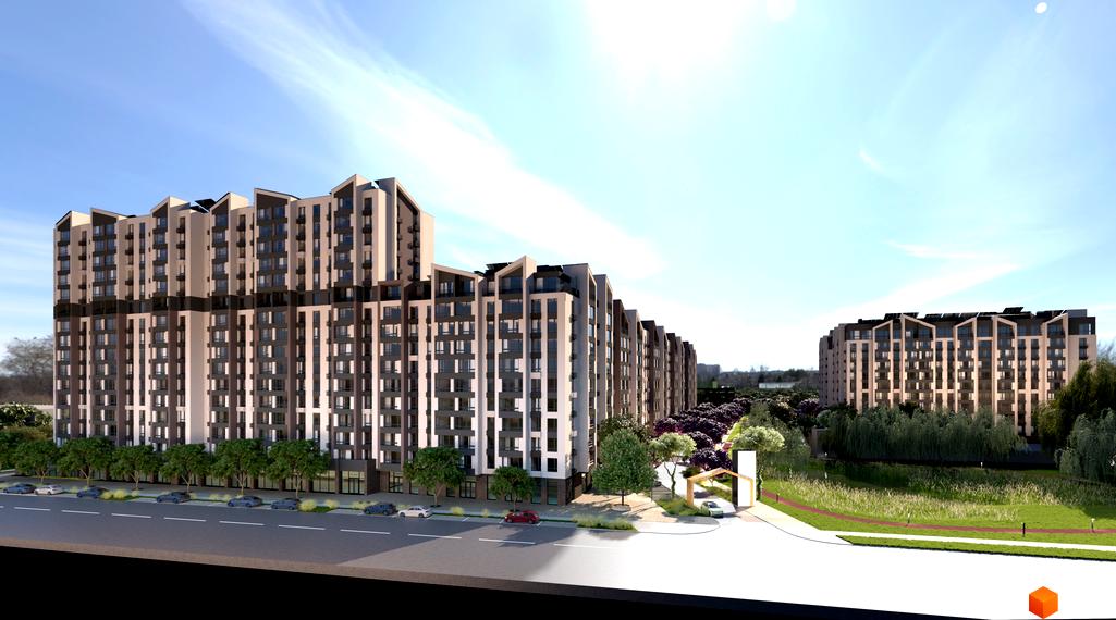 Житловий комплекс Edem Перлина Проскурова-4 - це сучасна архітектура з багаторівневими фасадами та панорамними вікнами, що доповнюється доглянутою прибудинковою територією з зеленими зонами.