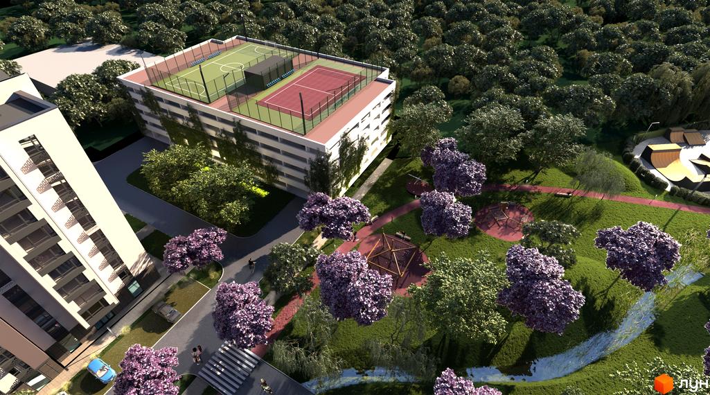 Житловий комплекс Edem Перлина Проскурова-4 з спортивними майданчиками на даху та зеленою прибудинковою територією з зонами відпочинку.