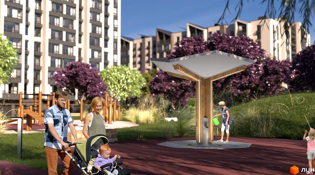 Житловий комплекс Edem Перлина Проскурова-4 з дитячим майданчиком та зоною відпочинку. Навколо новобудови зелена територія з деревами та травою.