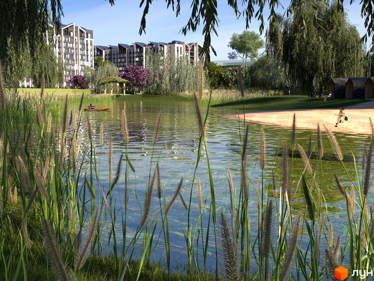 Житловий комплекс Edem Перлина Проскурова-4 з озером та зоною відпочинку. Комплекс має сучасну архітектуру та розташований біля водойми.