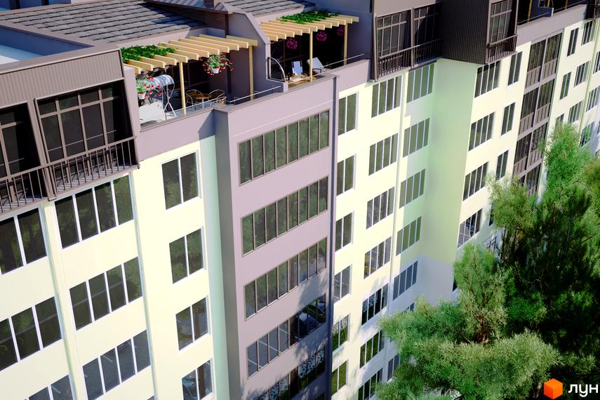 Зовнішній вигляд багатоповерхового житлового комплексу ЖК Ірпінські Липки з балконами та великими вікнами. На даху розташовані зони відпочинку з перголами та зеленню.