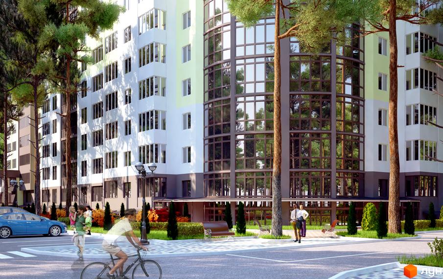 Житловий комплекс Ірпінські Липки з фасадом з білої та світло-зеленої штукатурки, великими вікнами та прибудинковою територією з деревами та лавками.