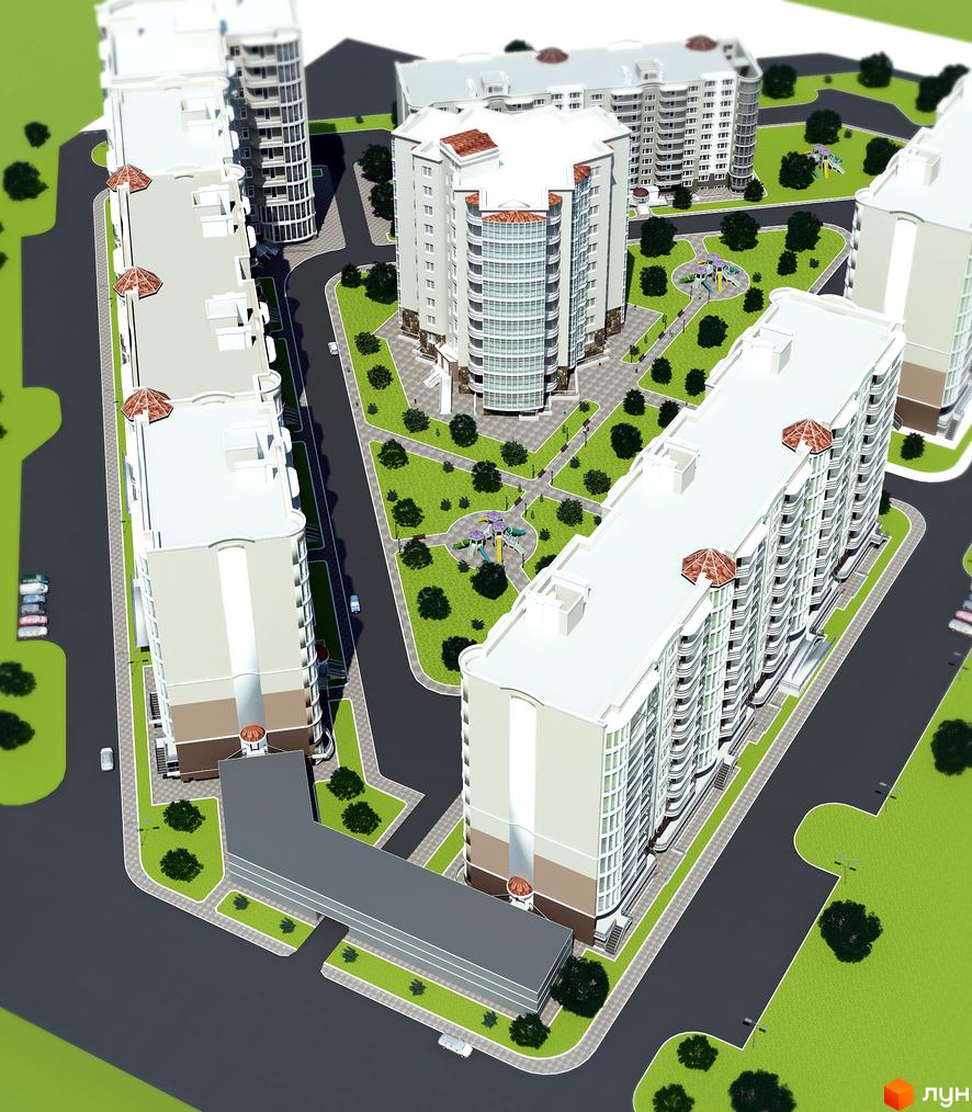 Зображення житлового району Теплий дім з висоти пташиного польоту. На фото багатоповерхові будинки з білими фасадами та зеленою прибудинковою територією з дитячими майданчиками.