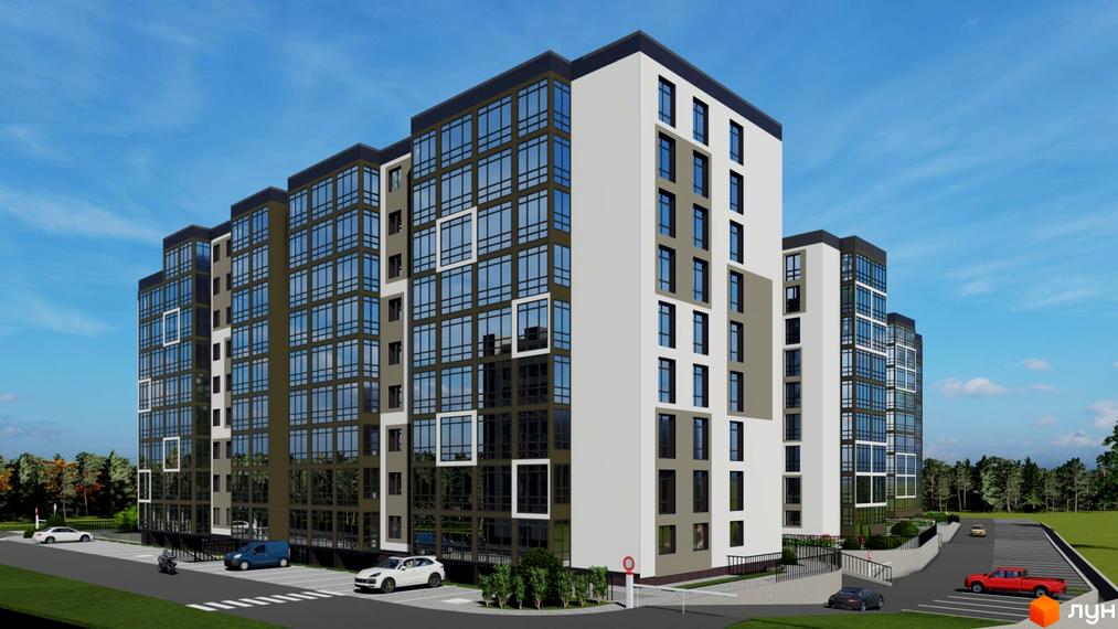 Житловий комплекс Шептицького з великою кількістю скляних фасадів та парковкою поруч. Навколо комплексу зелені насадження та дерева.