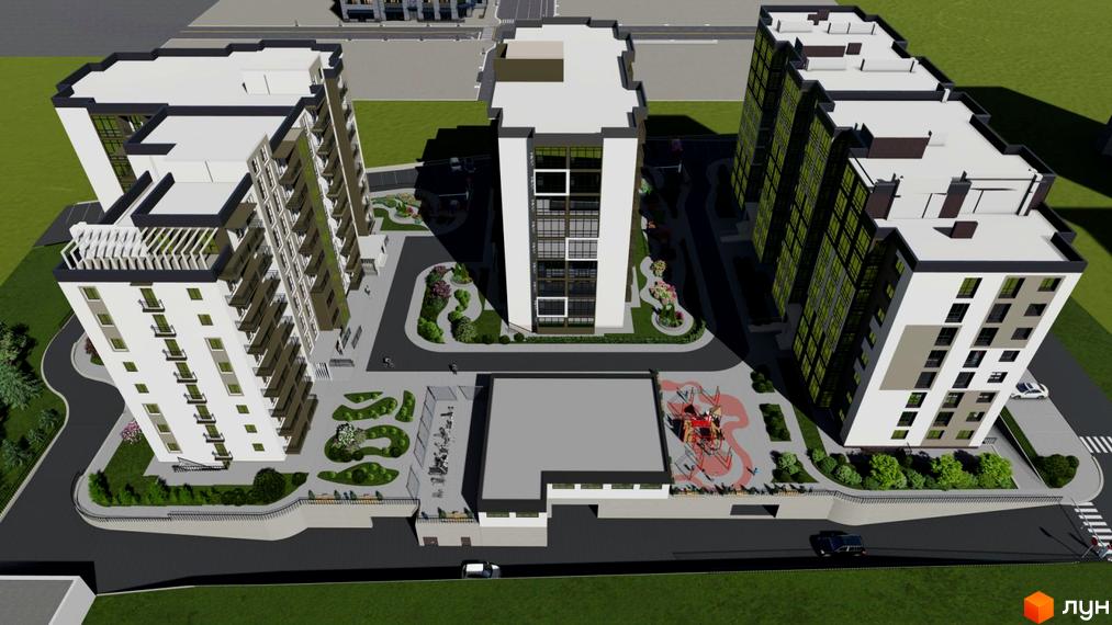 Зовнішній вигляд ЖК Шептицького з сучасними фасадами та прибудинковою територією з дитячим майданчиком та зонами відпочинку.