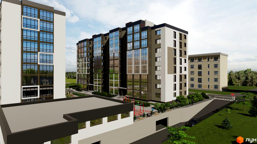 Зовнішній вигляд житлового комплексу Шептицького з багатоповерховими будинками та прибудинковою територією з дитячим майданчиком. Сучасна архітектура новобудови.