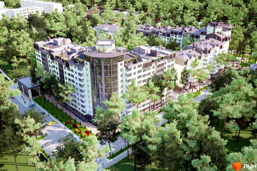 Житловий комплекс Ірпінські Липки - багатоповерхові будинки з панорамним склінням, розташовані серед зелених дерев. Прибудинкова територія з доглянутими газонами та парковкою.