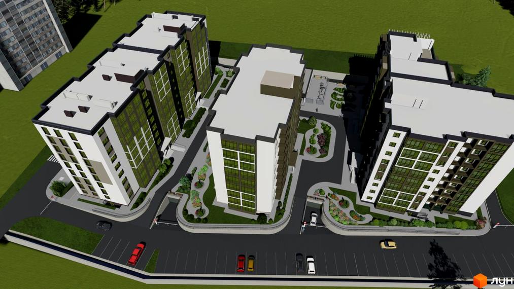 Житловий комплекс Шептицького з сучасною архітектурою та доглянутою прибудинковою територією з ландшафтним дизайном. На зображенні представлені багатоквартирні будинки з великими вікнами та упорядкованим паркінгом.