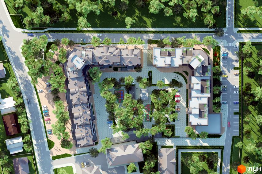 Вид зверху на житловий комплекс Ірпінські Липки з сучасними будинками та доглянутою прибудинковою територією з деревами та дитячими майданчиками.