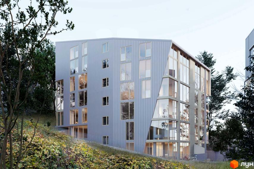 Фасад житлового комплексу з великою кількістю вікон та металевим оздобленням, розташований на схилі пагорба з зеленою рослинністю.