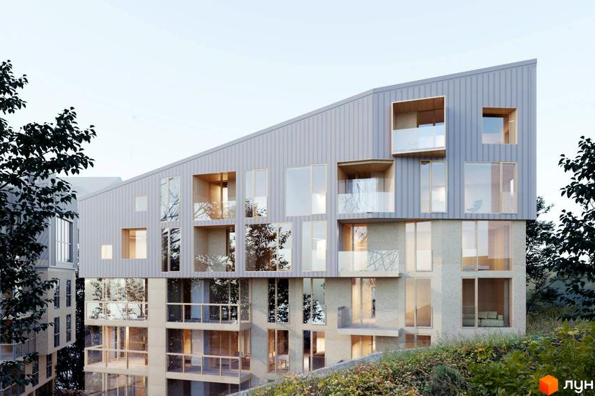 Новобудова на вул. Ярославенка, 23а, з багатоповерховими секціями, великими вікнами та балконами. Навколо зелені дерева та пагорб.