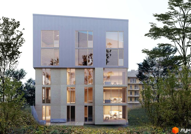 Сучасна новобудова з великими вікнами та бетонним фасадом, оточена деревами. Зовнішній вигляд будинку на вулиці Ярославенка, 23а.