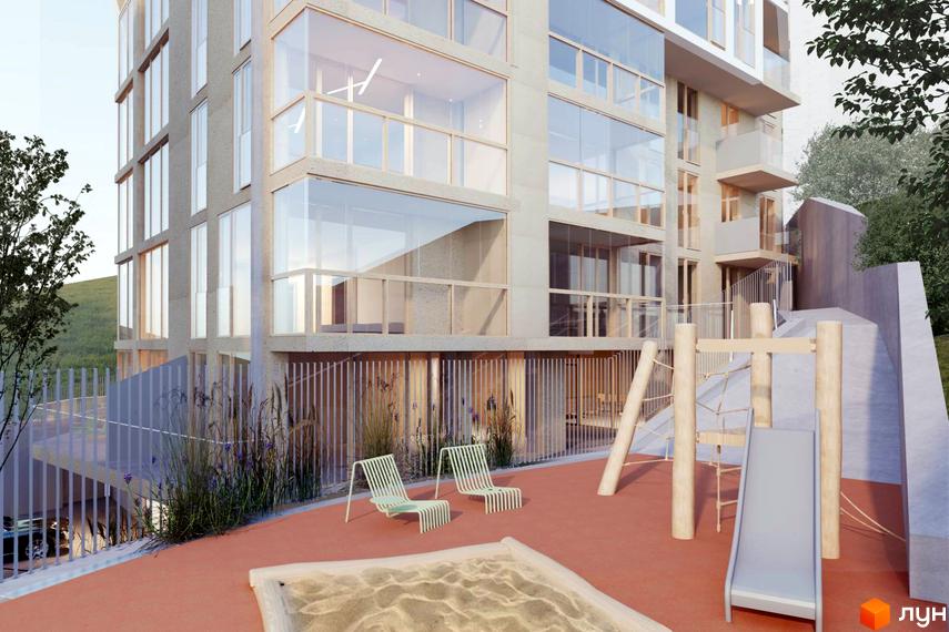 Будинок з великими вікнами та балконами, поруч дитячий майданчик з гіркою та пісочницею. Житловий комплекс на вул. Ярославенка, 23а.