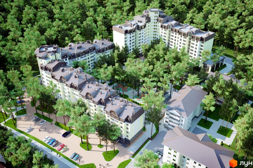 Житловий комплекс Ірпінські Липки - вид зверху на багатоповерхові будинки з сірими дахами та зелену прибудинкову територію з деревами та дитячим майданчиком.