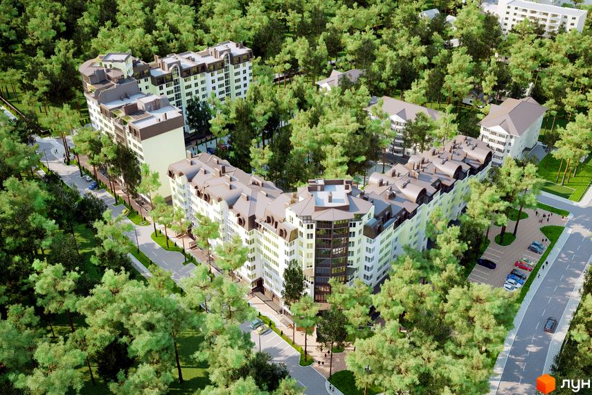 Житловий комплекс Ірпінські Липки - вид зверху на багатоквартирні будинки з сірими дахами та зелену прибудинкову територію з деревами. На території є парковка та дорога.