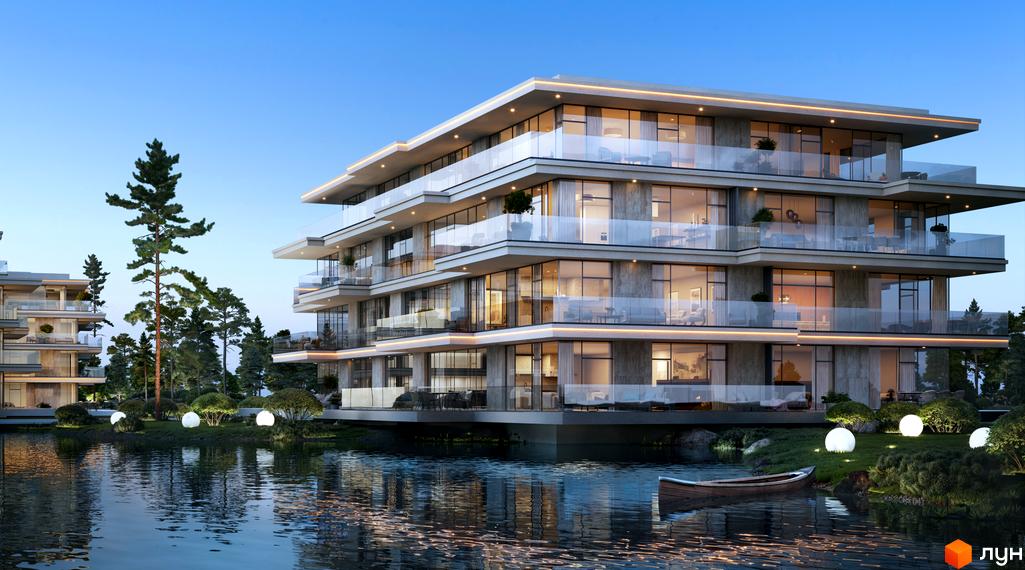 Житловий комплекс Park Lake City з терасами та панорамними вікнами на березі озера. Навколо будинку зелена зона з освітленням та деревами.