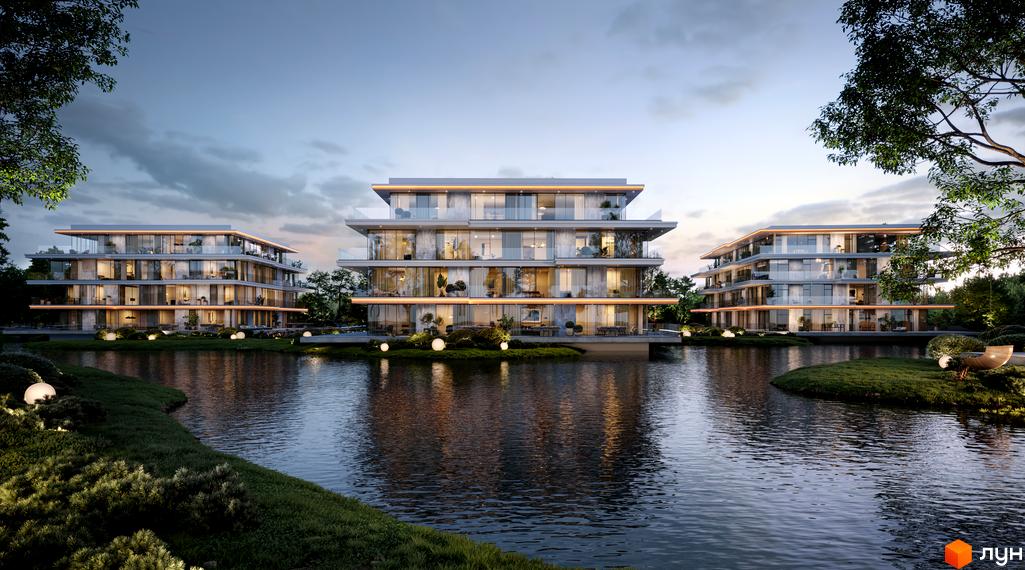 Житловий комплекс Park Lake City з панорамними вікнами та балконами, розташований біля озера з доглянутою прибудинковою територією та освітленням.