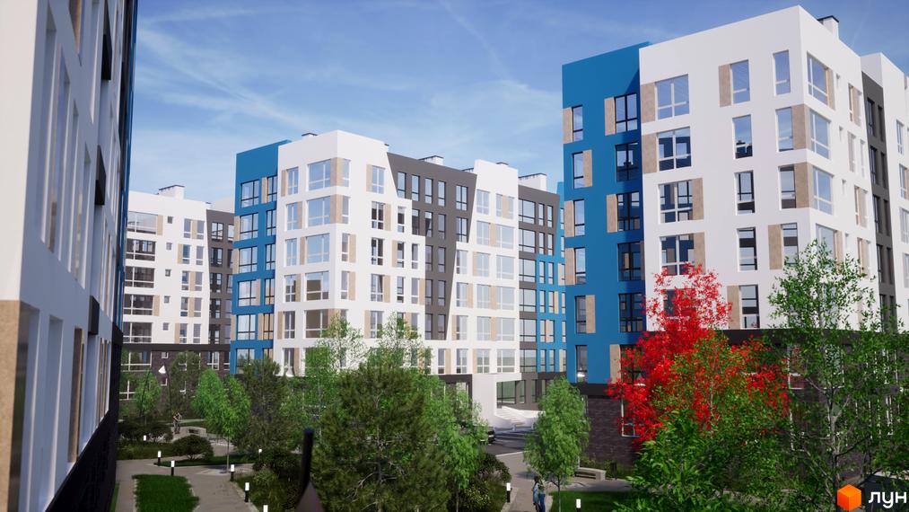 Житловий комплекс One Family з багатоповерховими будинками білого, синього та темно-сірого кольорів. Прибудинкова територія має зелені насадження, червоні дерева та доріжки.