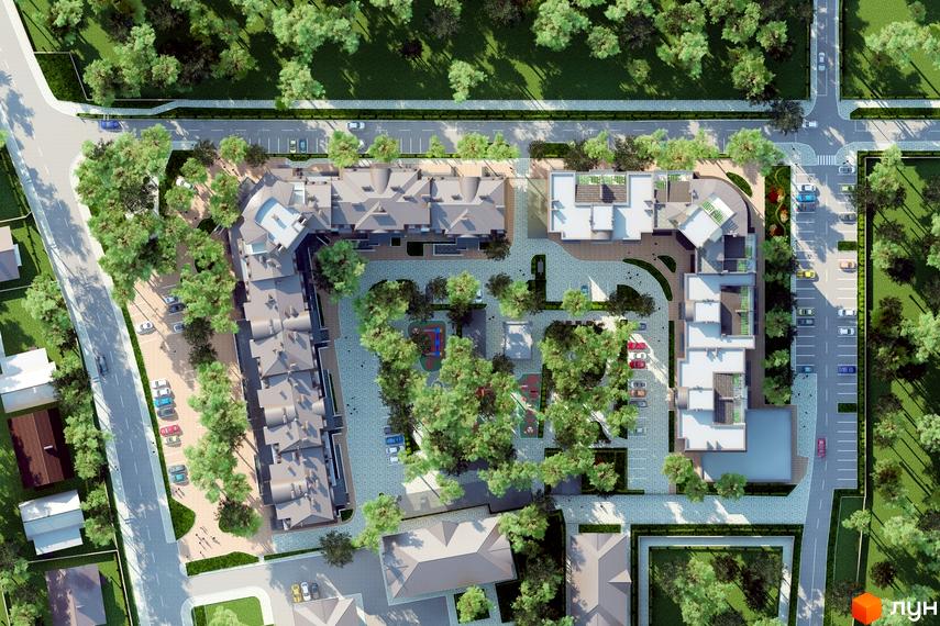 Житловий комплекс Ірпінські Липки: вид зверху на багатоквартирні будинки з сірими дахами та внутрішнім двориком з дитячим майданчиком та паркуванням. Навколо зелені дерева та доглянута територія.