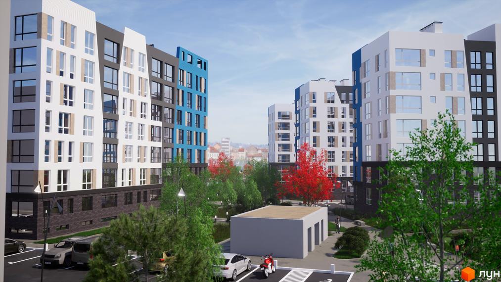 Зовнішній вигляд житлового комплексу One Family з різнокольоровими фасадами та паркінгом. На території комплексу є зелені насадження та зони відпочинку.