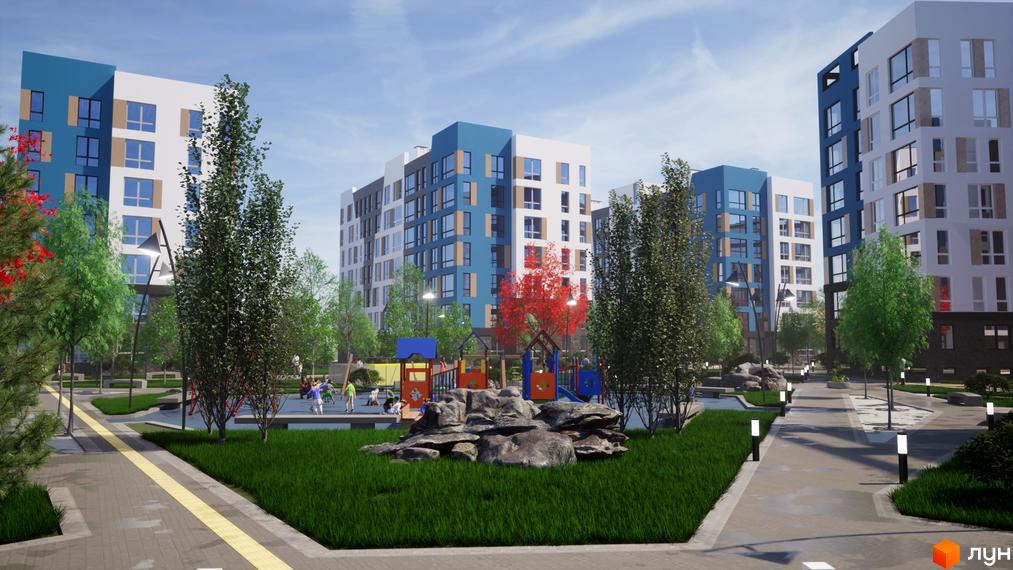 Житловий комплекс One Family з яскравим фасадом та дитячим майданчиком на доглянутій прибудинковій території. Сучасна архітектура та зелені зони для відпочинку.