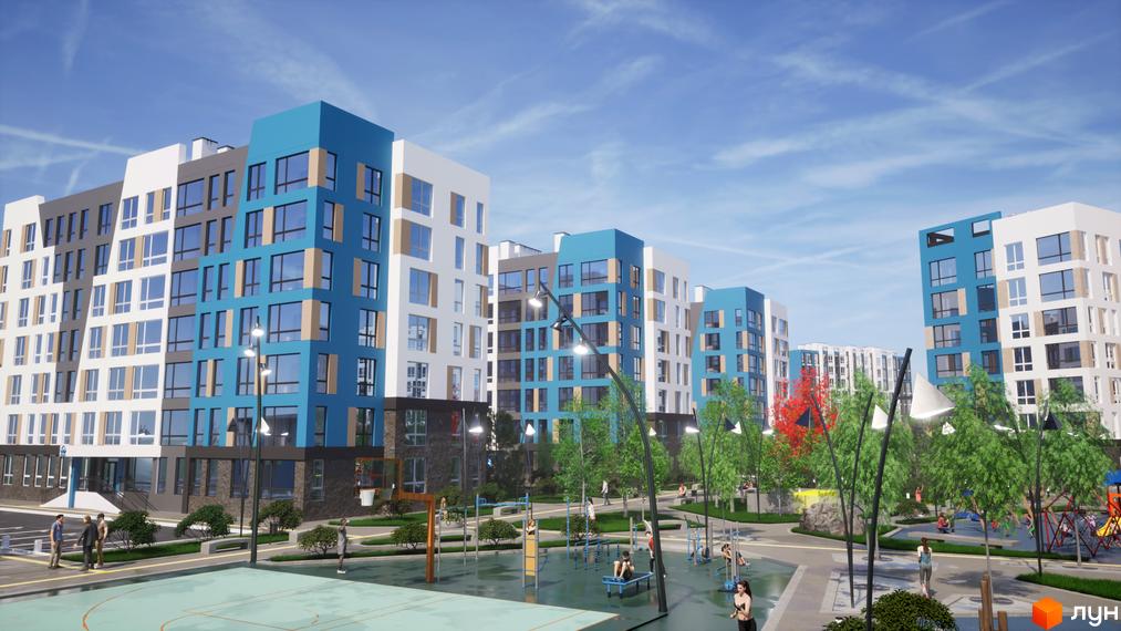 Житловий комплекс One Family з багатоповерховими будинками білого, сірого та синього кольорів. На території є спортивний майданчик та зони для відпочинку з деревами.