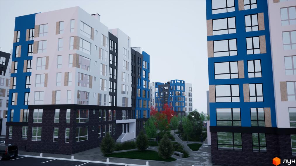 Зображення фасаду та прибудинкової території Житлового комплексу One Family. Багатоповерхові будинки з великими вікнами.