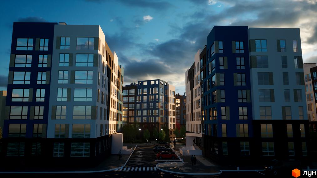 Багатоповерхові будинки Житлового комплексу One Family з темно-синіми та світлими фасадами. На прибудинковій території парковка з автомобілями та пішоходи.