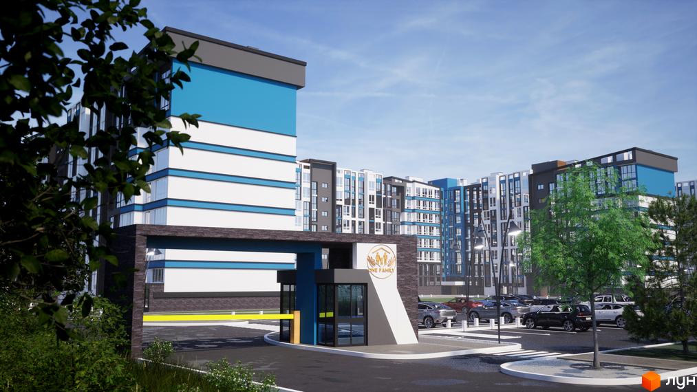 Багатоповерхові будинки Житлового комплексу One Family з білими, синіми та темно-сірими фасадами, вхідна група та парковка з автомобілями, оточені зеленню.
