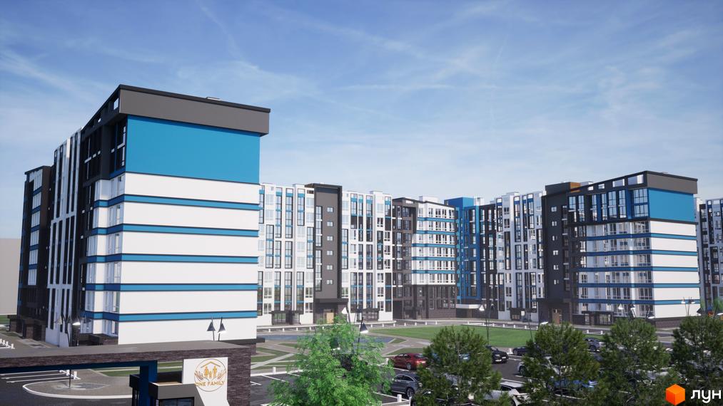 Багатоповерховий будинок ЖК One Family з білими та блакитними фасадами. На території комплексу є парковка та зелені насадження.