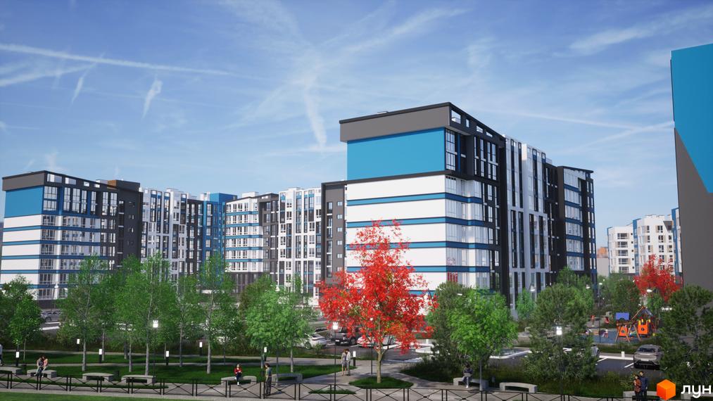 Житловий комплекс One Family: багатоповерхові будинки у синьо-біло-сірих тонах. Прибудинкова територія з деревами, лавками та дитячим майданчиком.