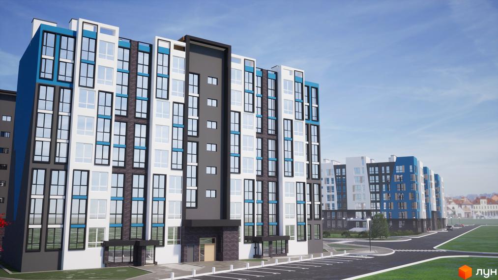 Житловий комплекс One Family з багатоповерховими будинками біло-синьо-сірого кольору та великими вікнами. Перед будинками є дорога, парковка та зелені газони.