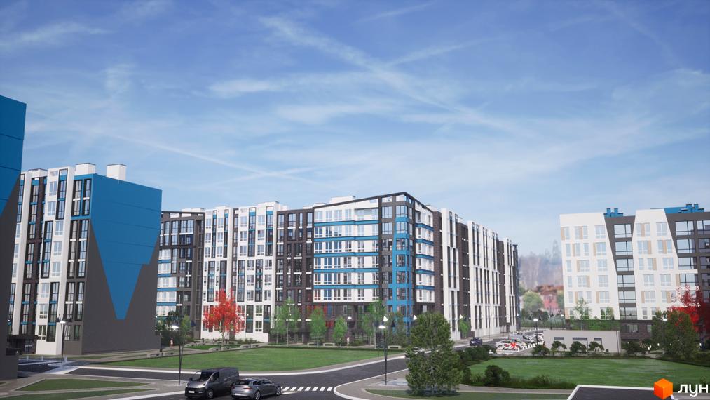 Житловий комплекс One Family з багатоповерховими будинками біло-синьо-сірих відтінків. Навколо зелені газони, дерева та дороги.