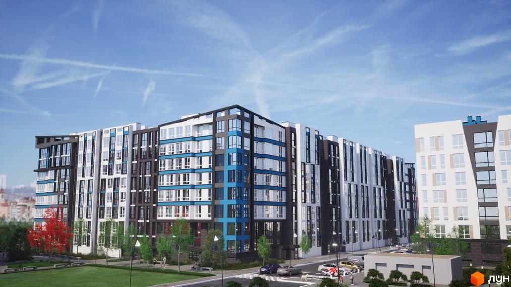 Багатосекційний житловий комплекс One Family з фасадами білого, темно-сірого та синього кольорів. Перед будинком розташовані зелені газони, дерева та пішохідні доріжки.