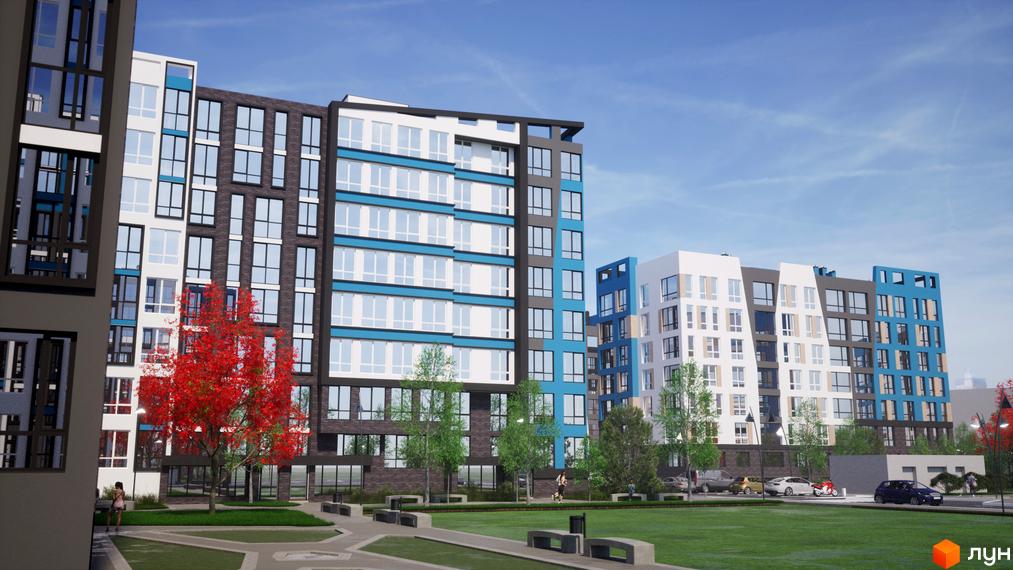 Зображення фасаду та прибудинкової території Житлового комплексу One Family. На передньому плані зелений газон.